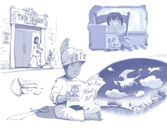 Inner page of "My Dragon and Me", blue-gray illustrations of a boy full of dragon-related daily life.