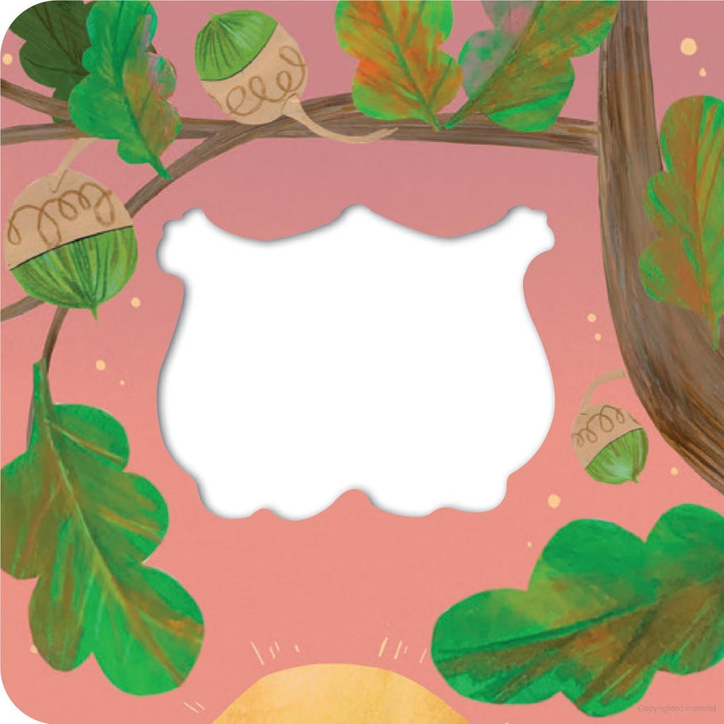 Inner page of "Owls Will Always Love You", a pink background with a cut-out white silhouette of a pair of owls in the middle, surrounded by branches, leaves and acorns.