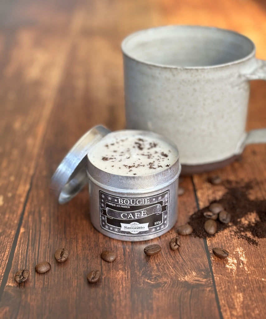 Maitre Savonitto Roasted Coffee Candle in Aluminum Tin with coffee beans and mug