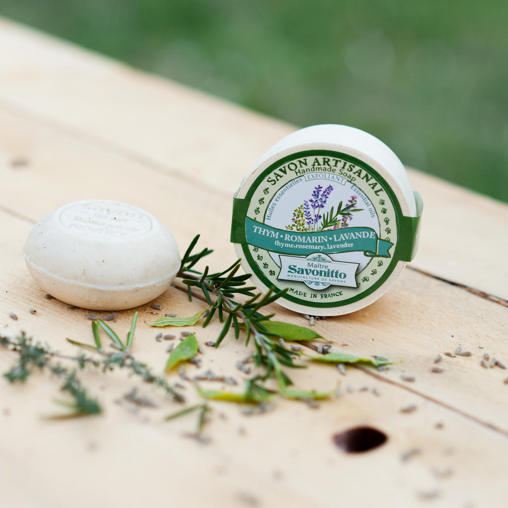 Maitre Savonitto Thyme, Rosemary and Lavender Exfoliating Soap in poplar wood box