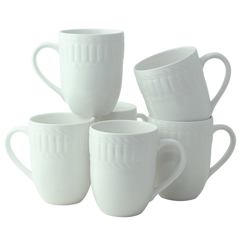 A set of six white ceramic mugs with an embossed pattern, arranged in two rows.